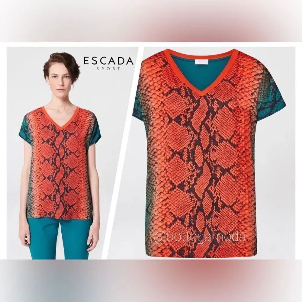 Escada V-Neck Red and Black Snake Print Tee, S